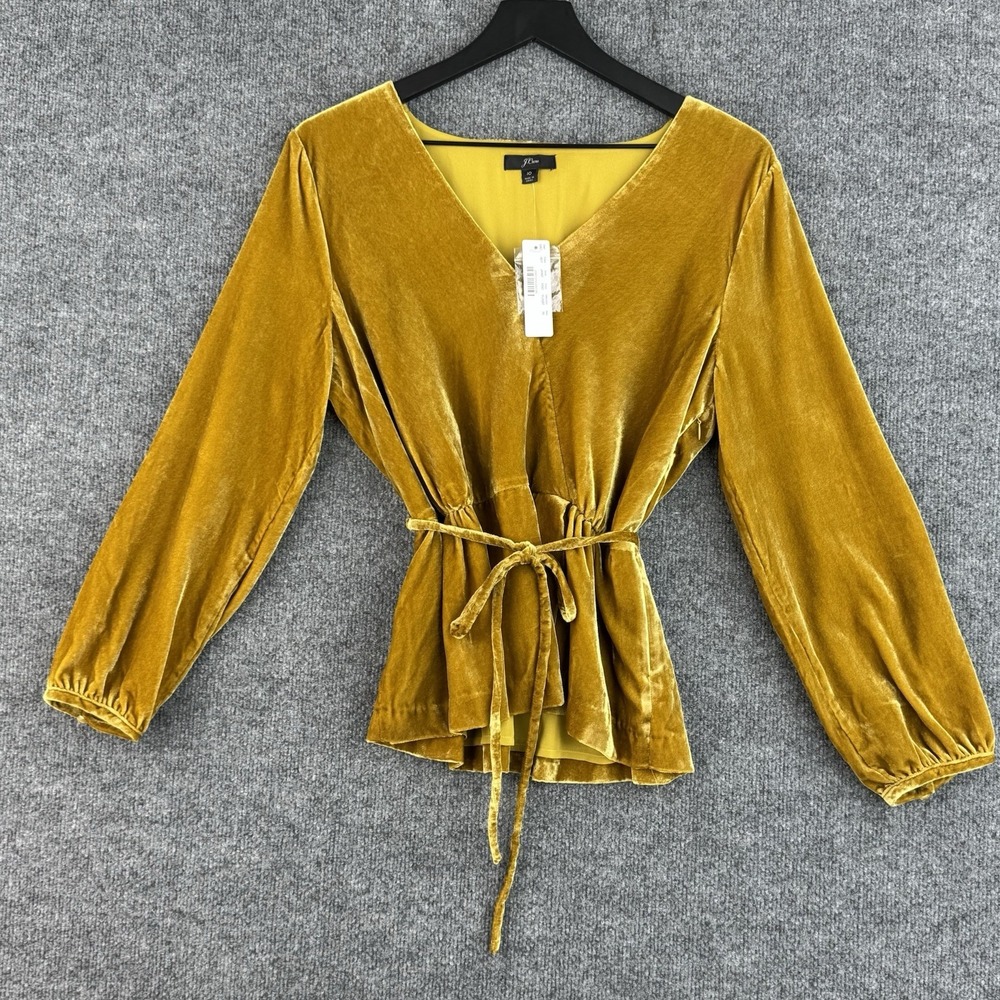 J.Crew Faux Wrap Top Women's‎ 10 Gold Drapey Velvet Belted Blouse NWT J4962